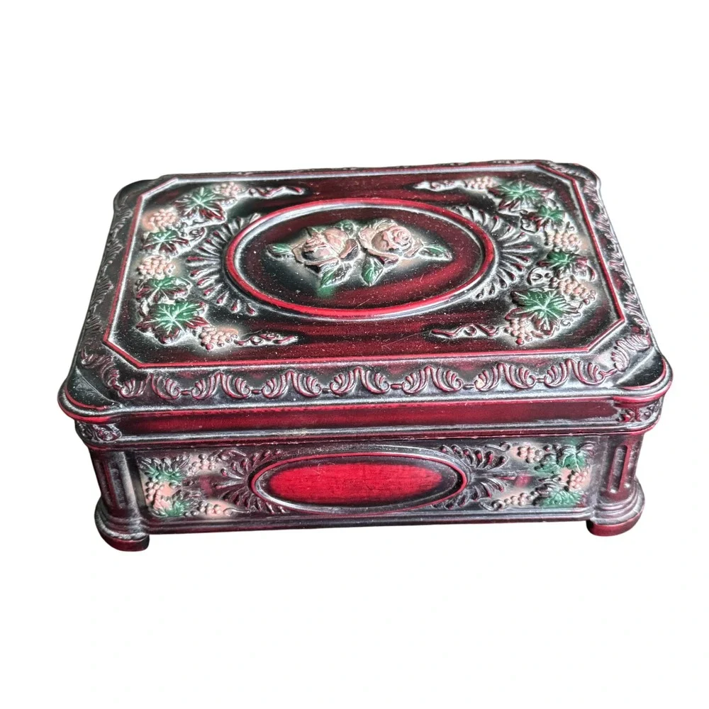 Vintage Style Burgundy Rose and Grapevine Relief Celluloid Jewelry Box